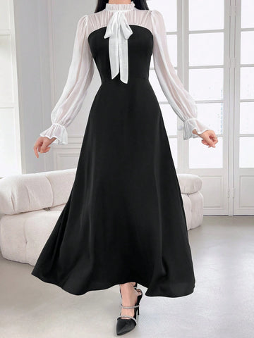 Modely Women's Elegant Ruffle Trim Color Block Tie Waist Dress With Flouncy Cuffs