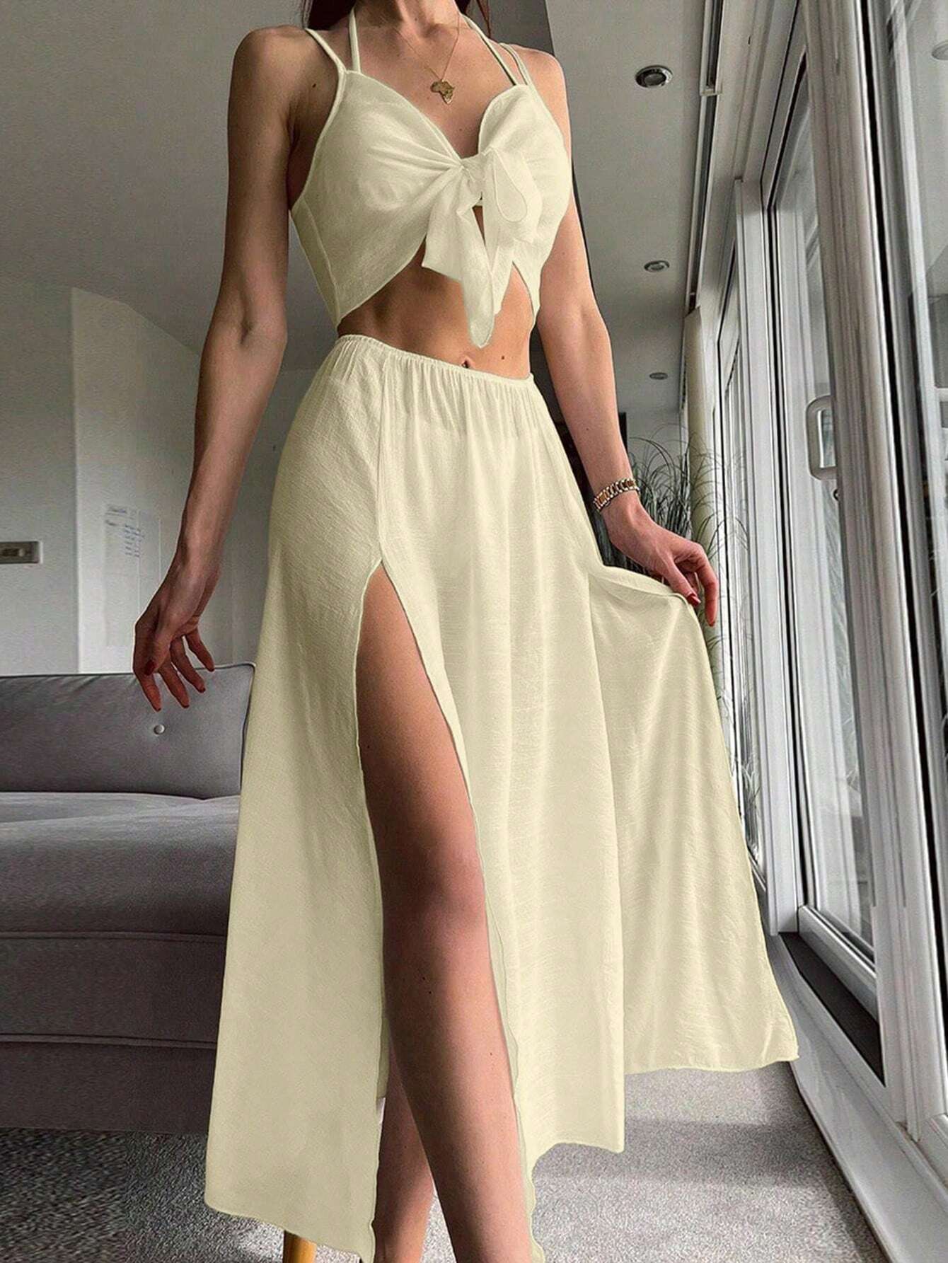 Swim Summer Beach Solid Knot Front Cover Up Top & Split Thigh Skirt shein
