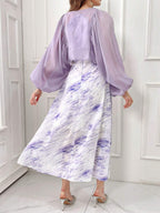 Modely Women's Summer Elegant Solid Color Lantern Sleeve Top With Floral Print Halter Dress Set shein