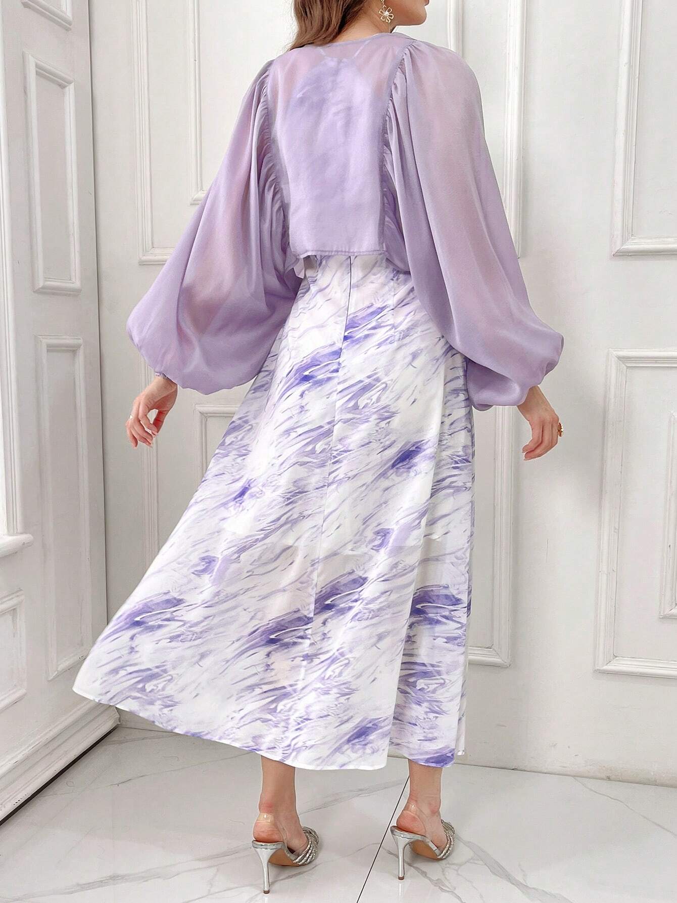 Modely Women's Summer Elegant Solid Color Lantern Sleeve Top With Floral Print Halter Dress Set shein