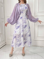 Modely Women's Summer Elegant Solid Color Lantern Sleeve Top With Floral Print Halter Dress Set shein
