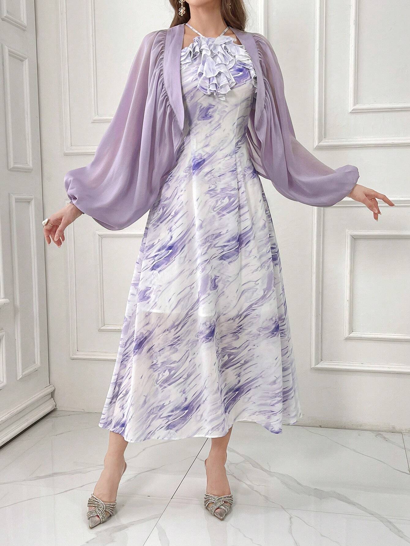 Modely Women's Summer Elegant Solid Color Lantern Sleeve Top With Floral Print Halter Dress Set shein