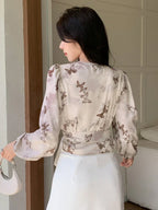 DAZY Floral Print V-Neck Wrap Tie Front Cropped Long Sleeve Shirt shein