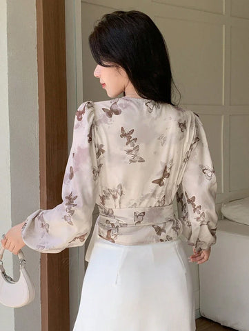 DAZY Floral Print V-Neck Wrap Tie Front Cropped Long Sleeve Shirt