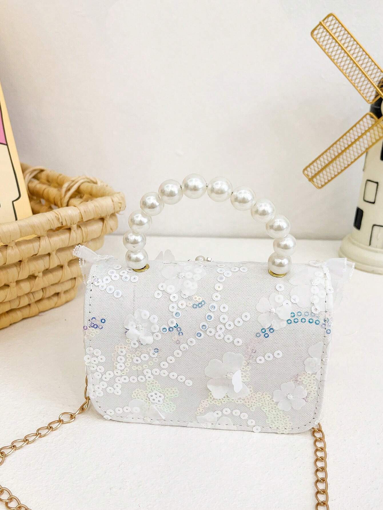 Mini Glitter Decorated Fashion Faux Pearl Satchel For Evening Party shein