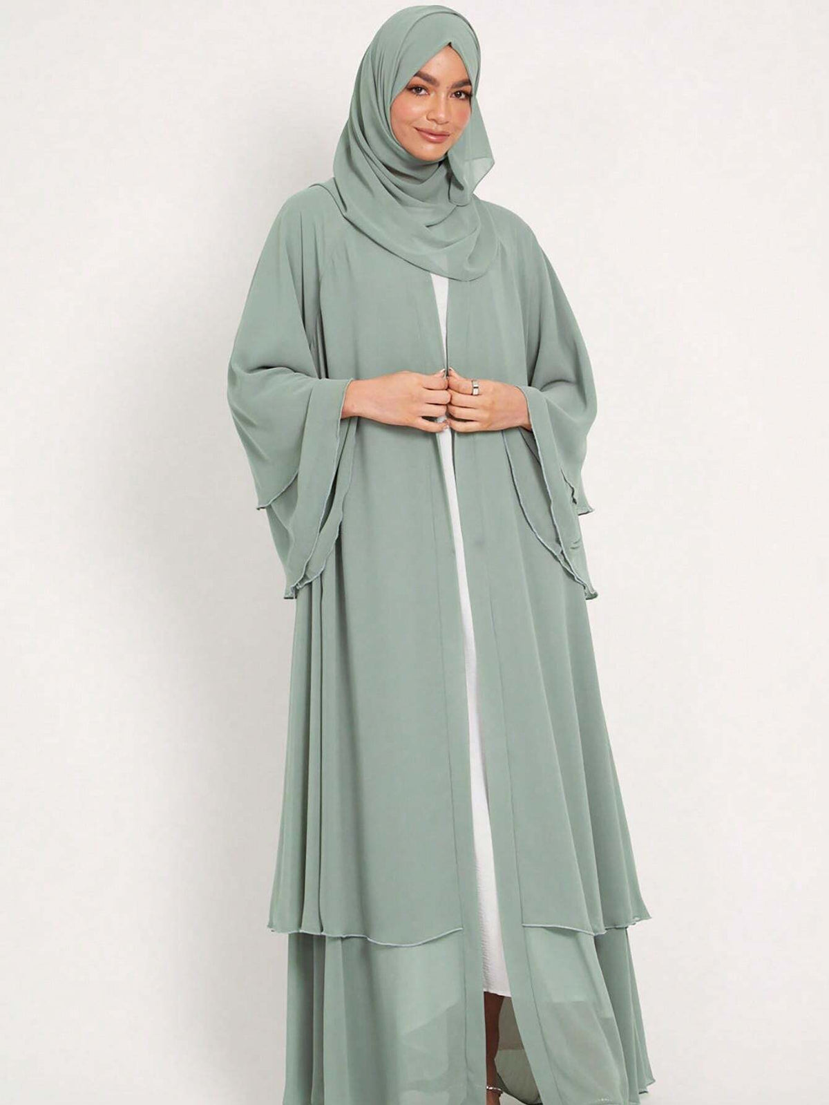 1pc Double Layer Chiffon Solid Color Casual Loose Plus Size Women's Long Robe Cardigan shein
