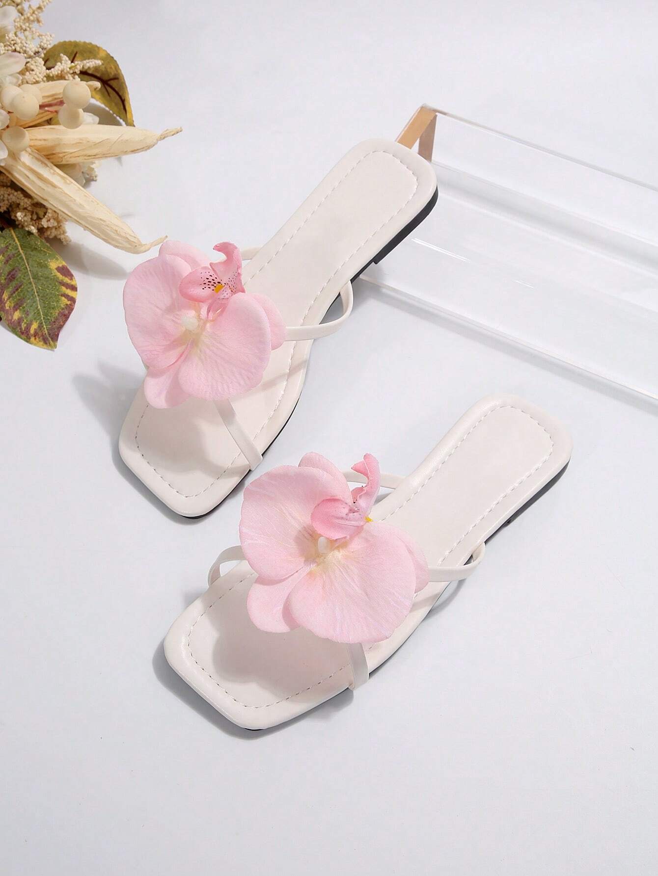 French Style Floral Strap Flat Slide Sandals shein