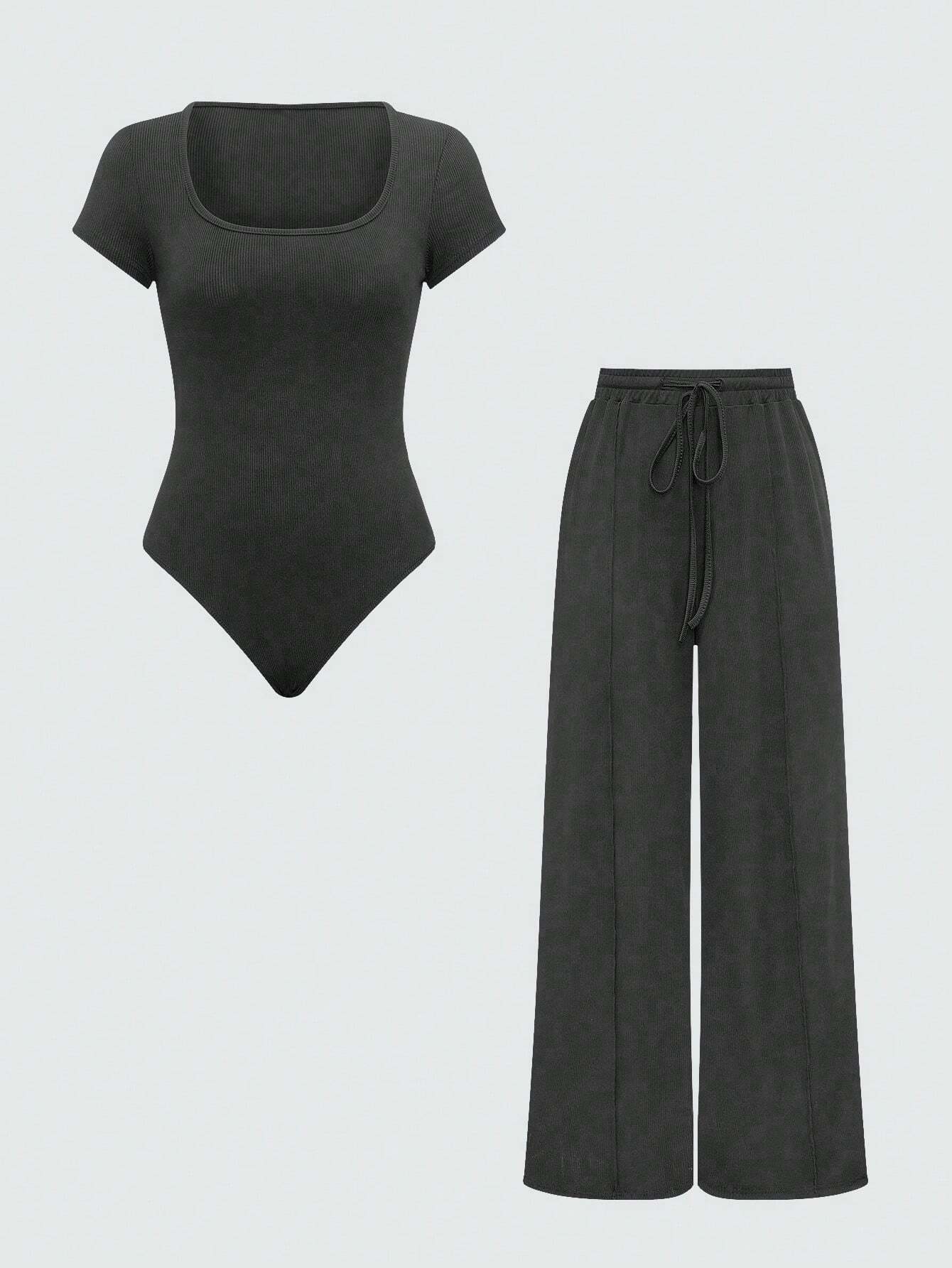 EZwear Plain Color Asymmetric Hem Top And Pants Two Piece Set shein