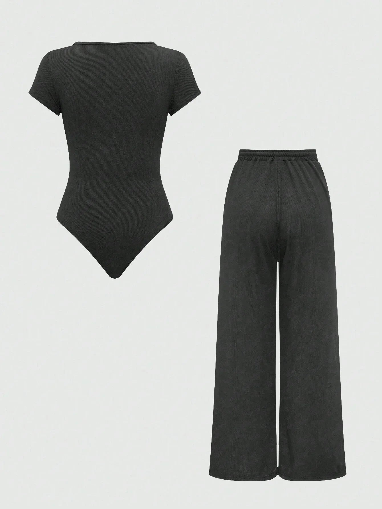 EZwear Plain Color Asymmetric Hem Top And Pants Two Piece Set