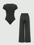 EZwear Plain Color Asymmetric Hem Top And Pants Two Piece Set shein