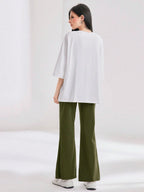 Mulvari Women Spring/Summer Casual Loose Fit Drop Shoulder Short Sleeve Top And Flared Pants Set shein
