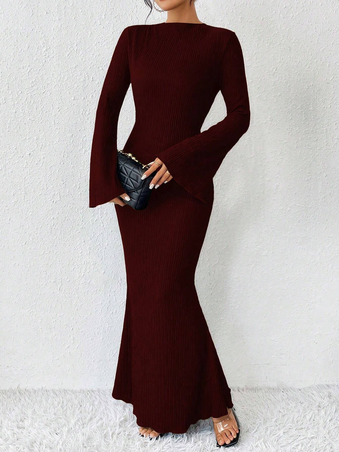 Rafferiza Solid Color Long Bell Sleeve Women's Dress shein