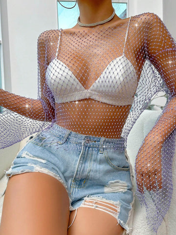 BAE Sheer Fishnet Metallic Top shein