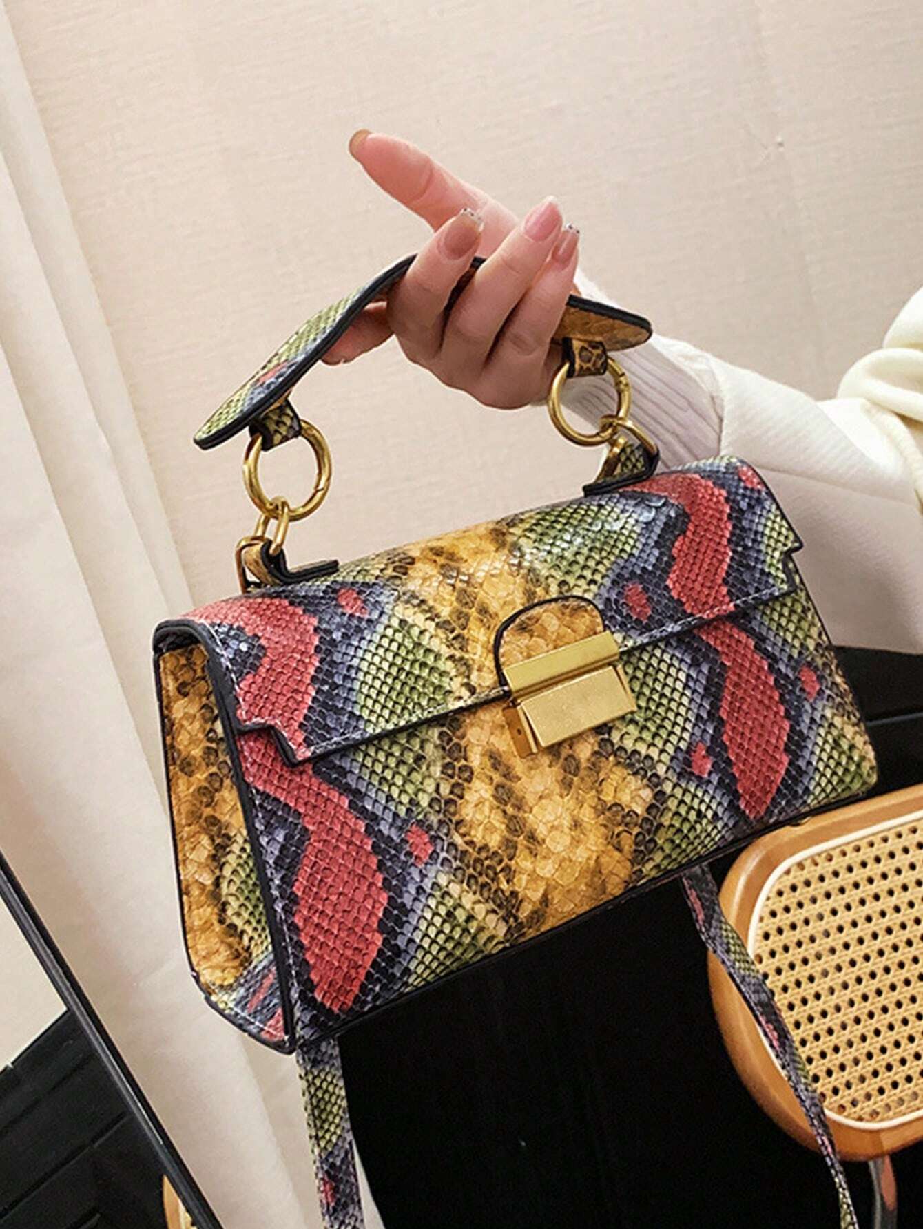 Fashionable Trend, High-End Texture, Light Luxury, Snake Print Niche Design, Versatile Handheld, Detachable Shoulder Cross shein