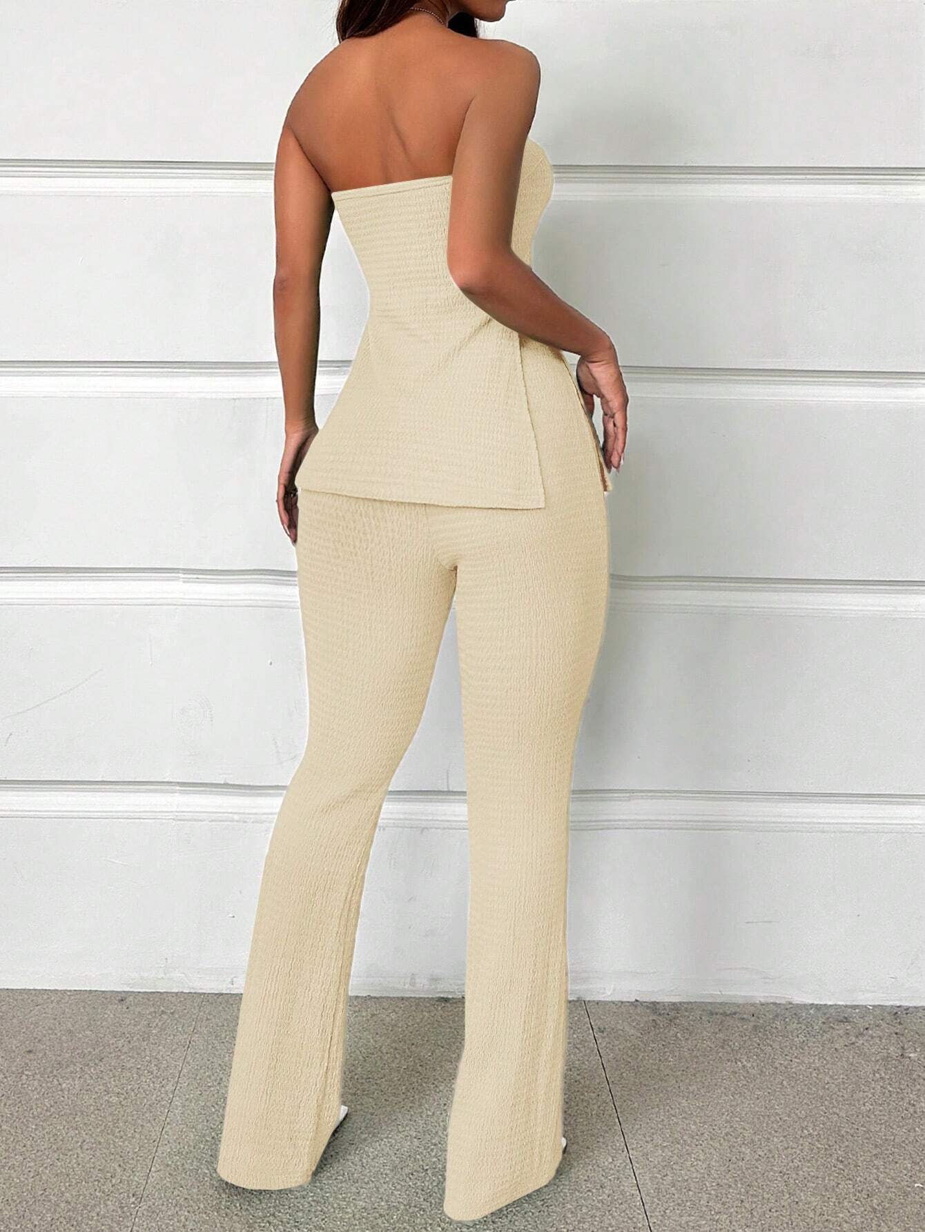 Essnce Ladies' Solid Color Strapless High Slit Top And Pants Set shein