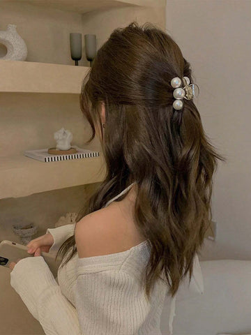 pc Elegant And Lovely Faux Pearl Hair Claw For Side Bangs And Back Head