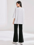 Mulvari Women Spring/Summer Casual Loose Fit Drop Shoulder Short Sleeve Top And Flared Pants Set shein