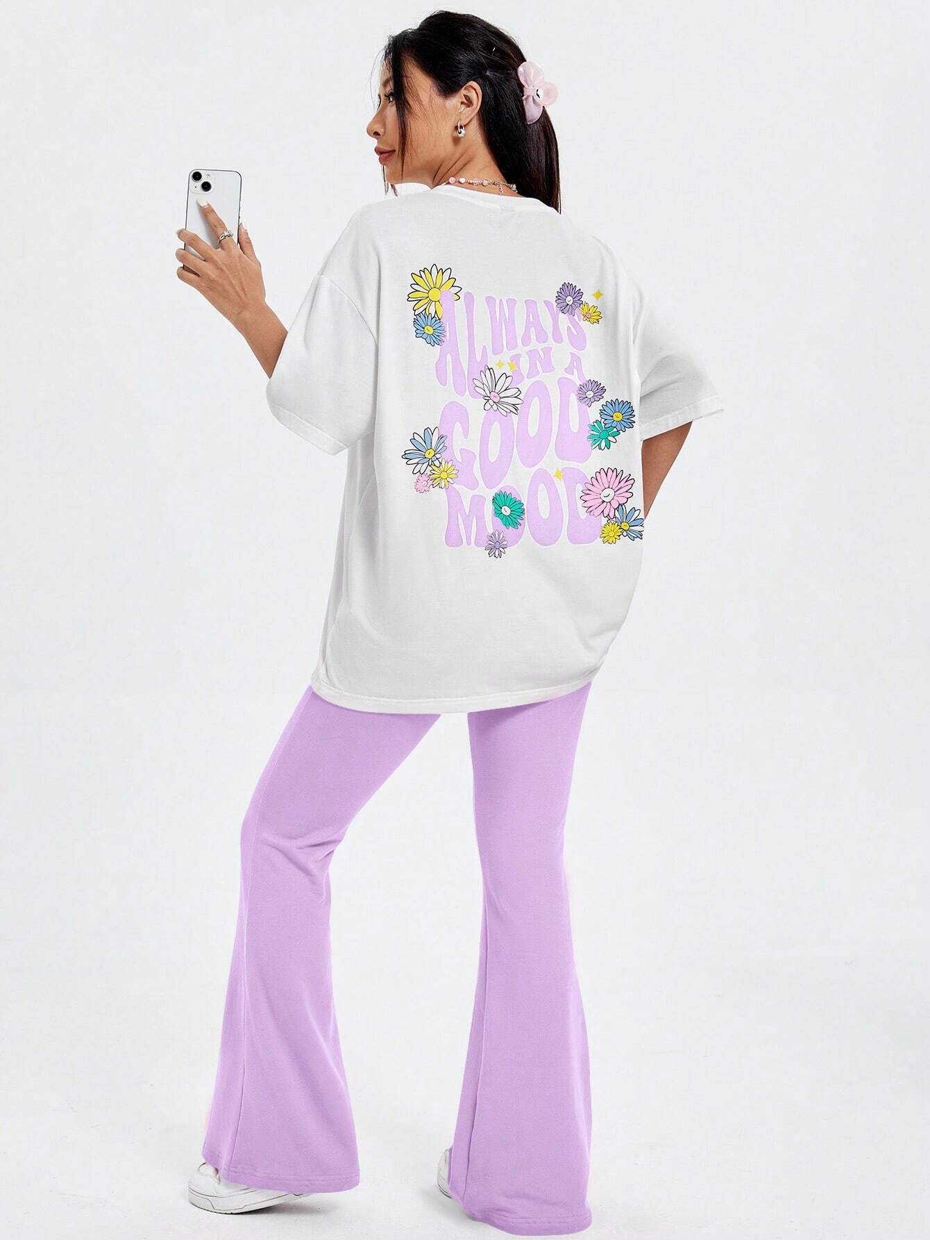 Qutie Women's Cartoon Letter & Floral Printed T-Shirt And Flared Pants Set shein