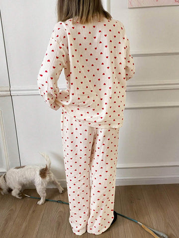 DAZY Ladies' Simple Everyday Heart Print Pajama Set shein