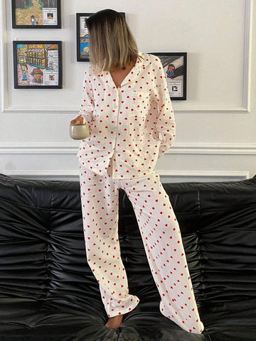 DAZY Ladies' Simple Everyday Heart Print Pajama Set shein