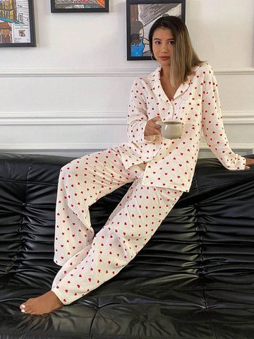 DAZY Ladies' Simple Everyday Heart Print Pajama Set shein