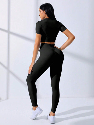 Sport Seamluxe Two Piece Outfits Seamless Raglan Sleeve Sports Set shein