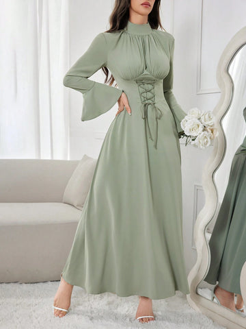 Modely Women's Elegant Solid Color Stand Collar Dress With Flared Sleeves shein