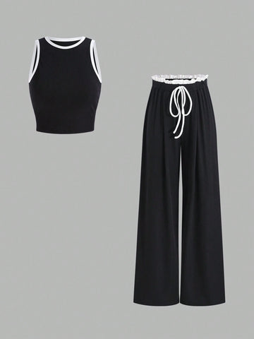 EZwear Summer Casual Contrast Trim Tank Top And Long Pants Two-Piece Set shein