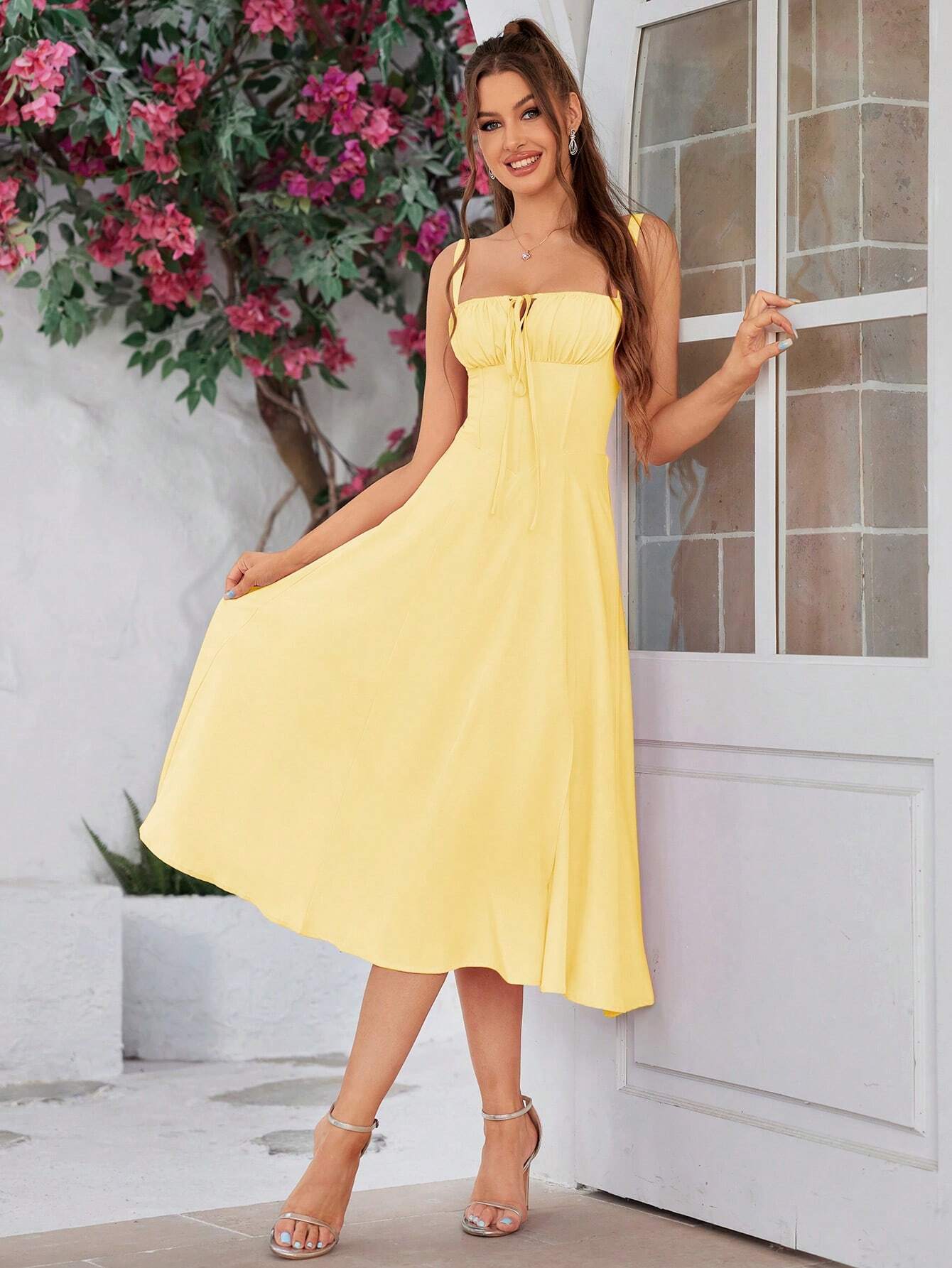 PARTHEA Backless Crisscross Lace Up Ruched Boning Corset Cami Dress Shein
