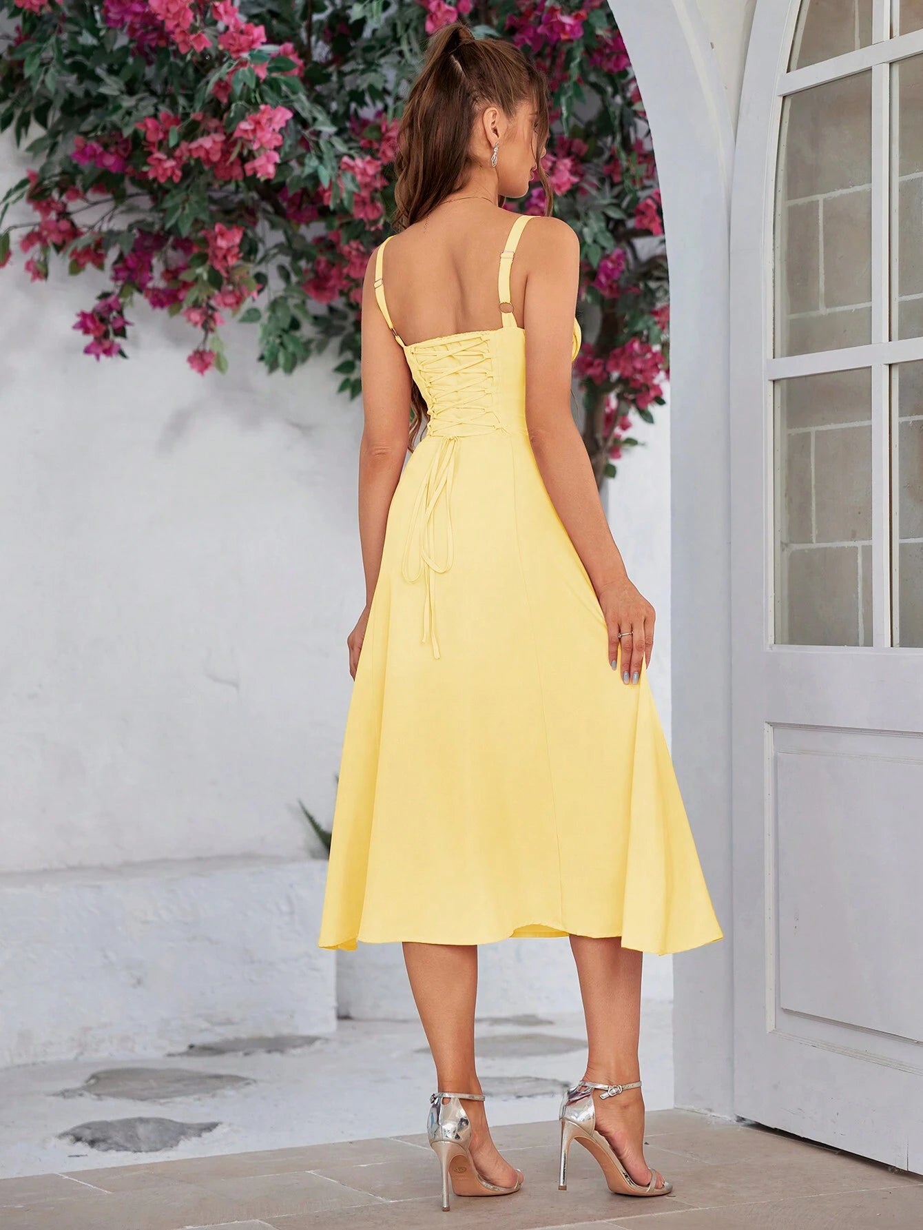 PARTHEA Backless Crisscross Lace Up Ruched Boning Corset Cami Dress Shein