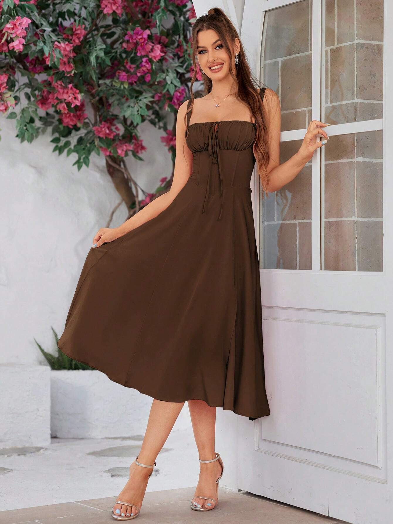 PARTHEA Backless Crisscross Lace Up Ruched Boning Corset Cami Dress Shein