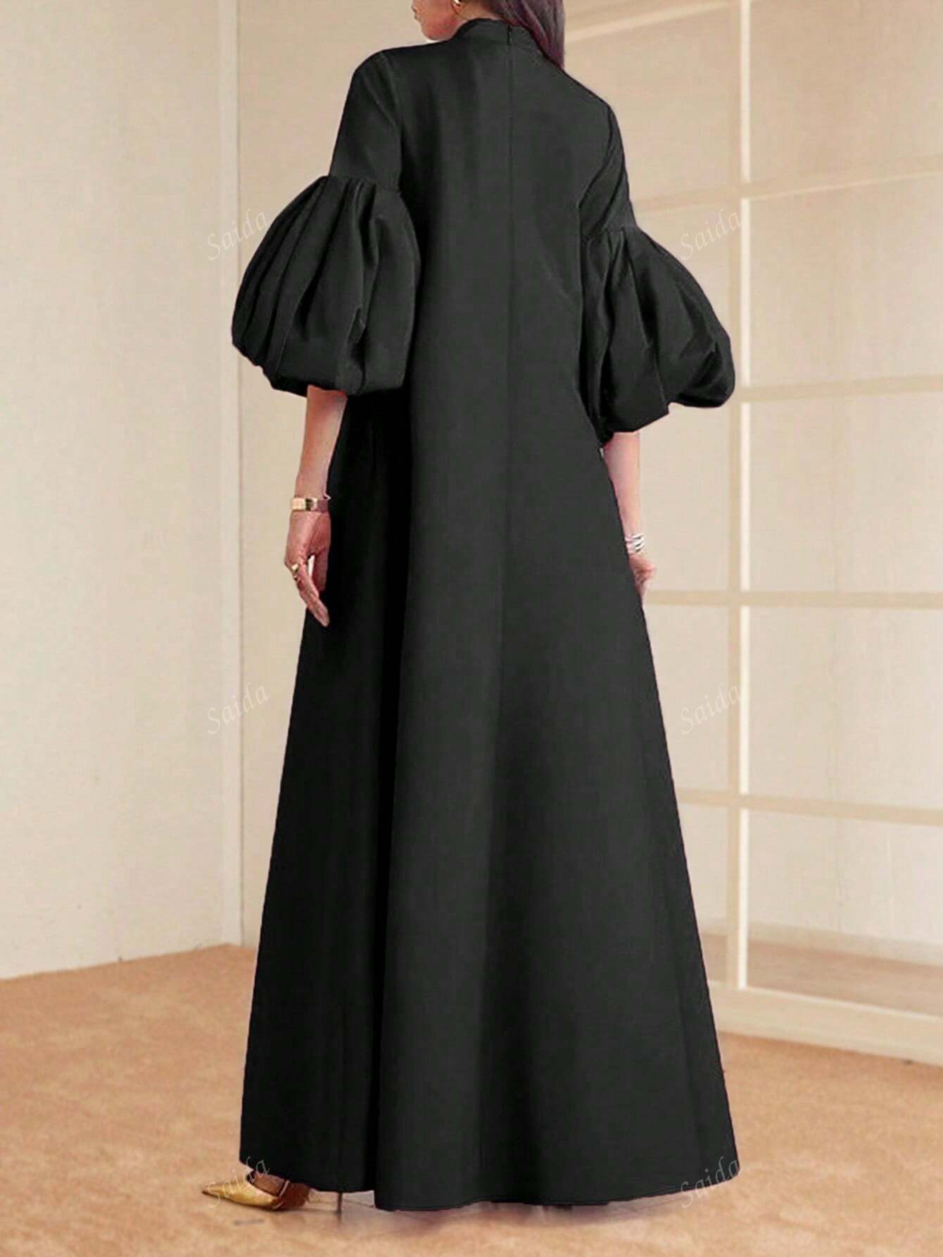 Women Elegant Solid Colored Stand Collar Bishop Sleeve Maxi Formal Dress shein