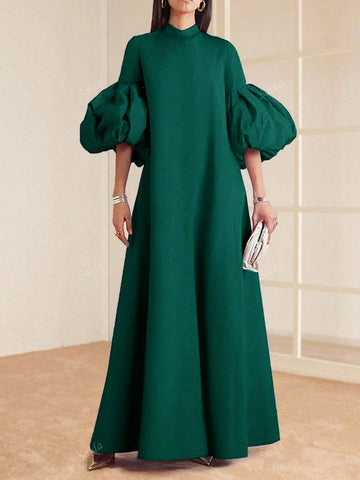 Women Elegant Solid Colored Stand Collar Bishop Sleeve Maxi Formal Dress shein