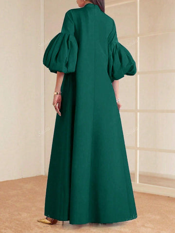 Women Elegant Solid Colored Stand Collar Bishop Sleeve Maxi Formal Dress shein