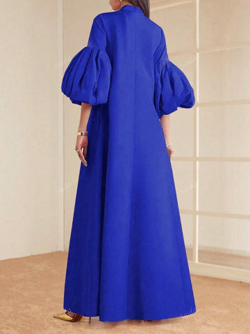 Women Elegant Solid Colored Stand Collar Bishop Sleeve Maxi Formal Dress shein