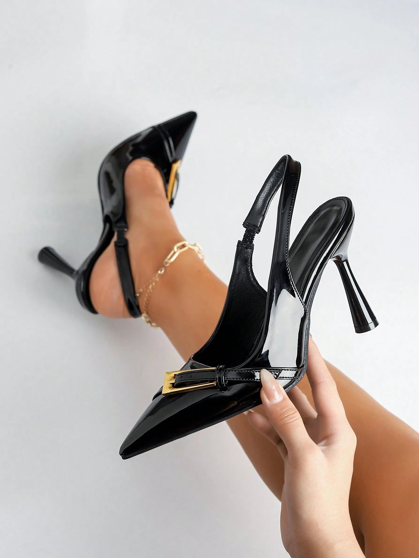 Women's Pointed Toe Fashion Button Detail Patent Leather Slip-On Heeled Pumps shein