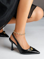 Women's Pointed Toe Fashion Button Detail Patent Leather Slip-On Heeled Pumps shein