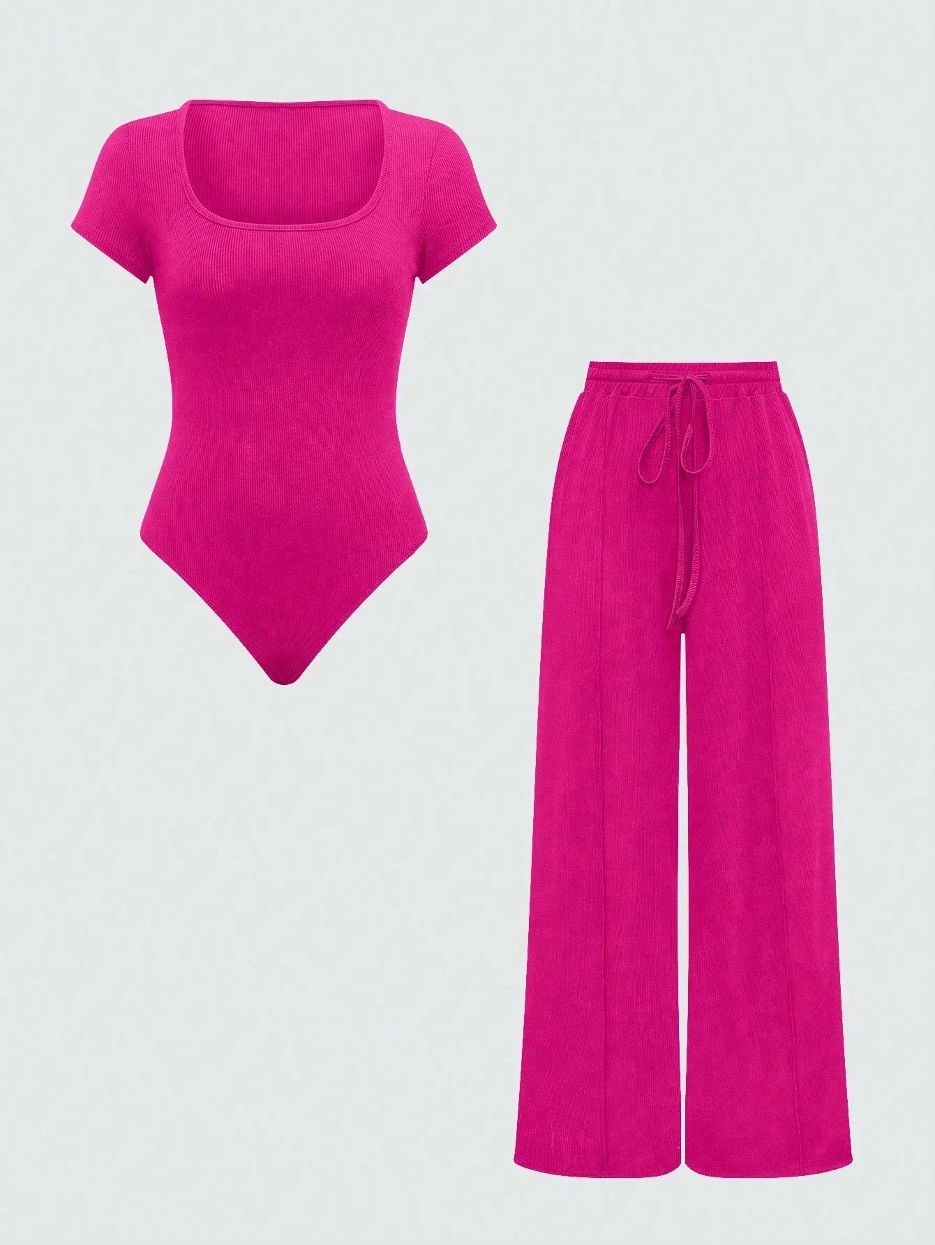 EZwear Plain Color Asymmetric Hem Top And Pants Two Piece Set shein
