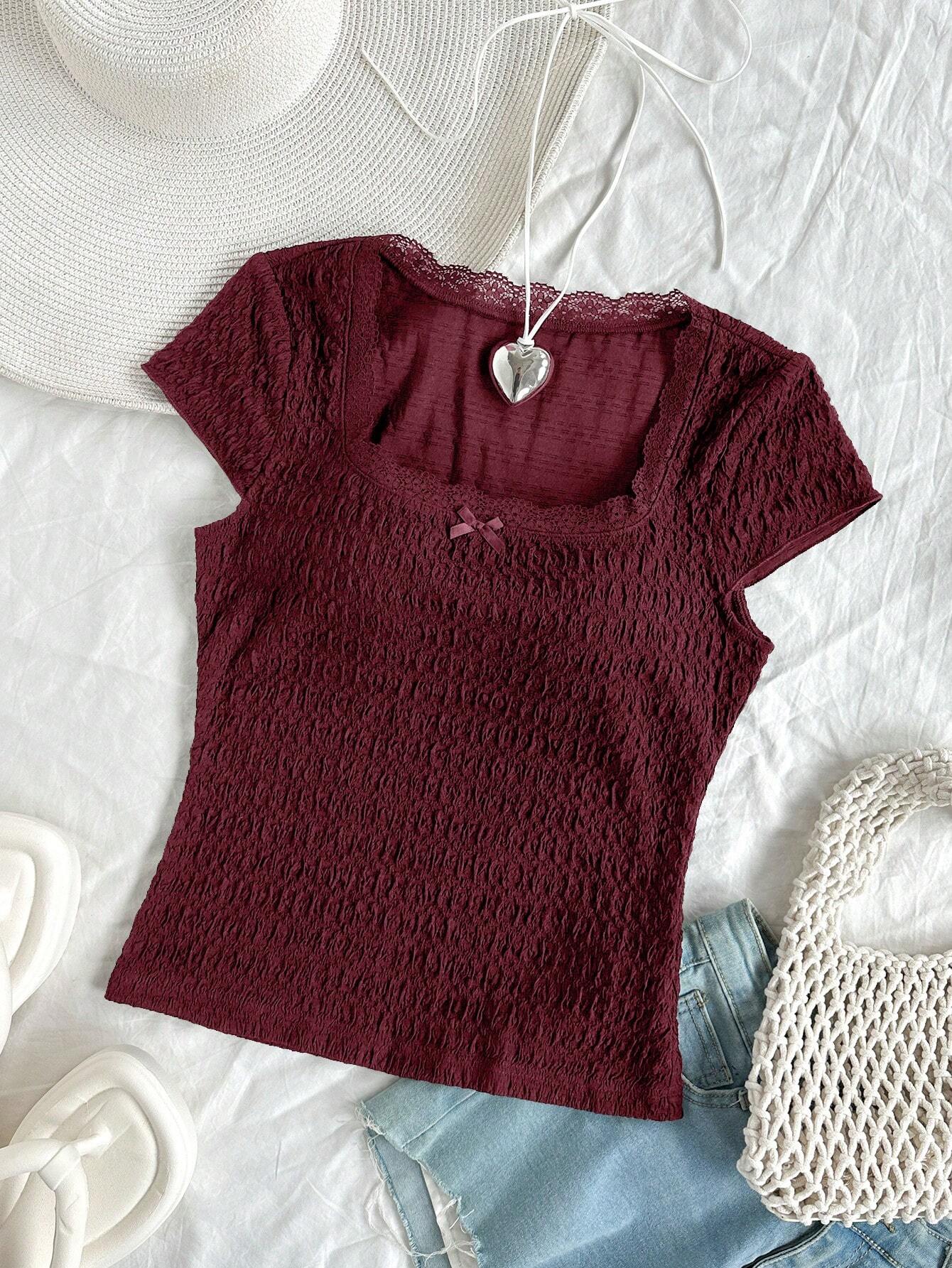 WYWH Women's Summer Solid Color Lace Edged Bow Tie Square Neck Short Sleeve T-Shirt shein