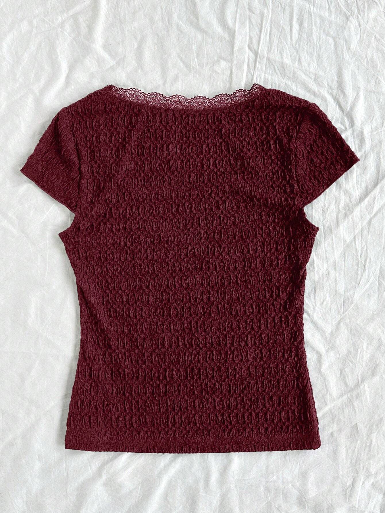 WYWH Women's Summer Solid Color Lace Edged Bow Tie Square Neck Short Sleeve T-Shirt shein