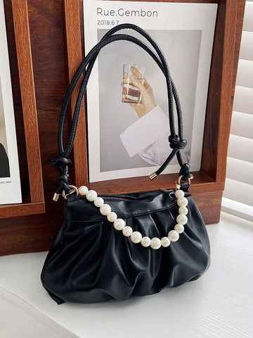 Argyle Princess Faux Pearl & Rhinestone Pearl Chain & Decor Minimalist Pearls Decor Ruched Bag shein