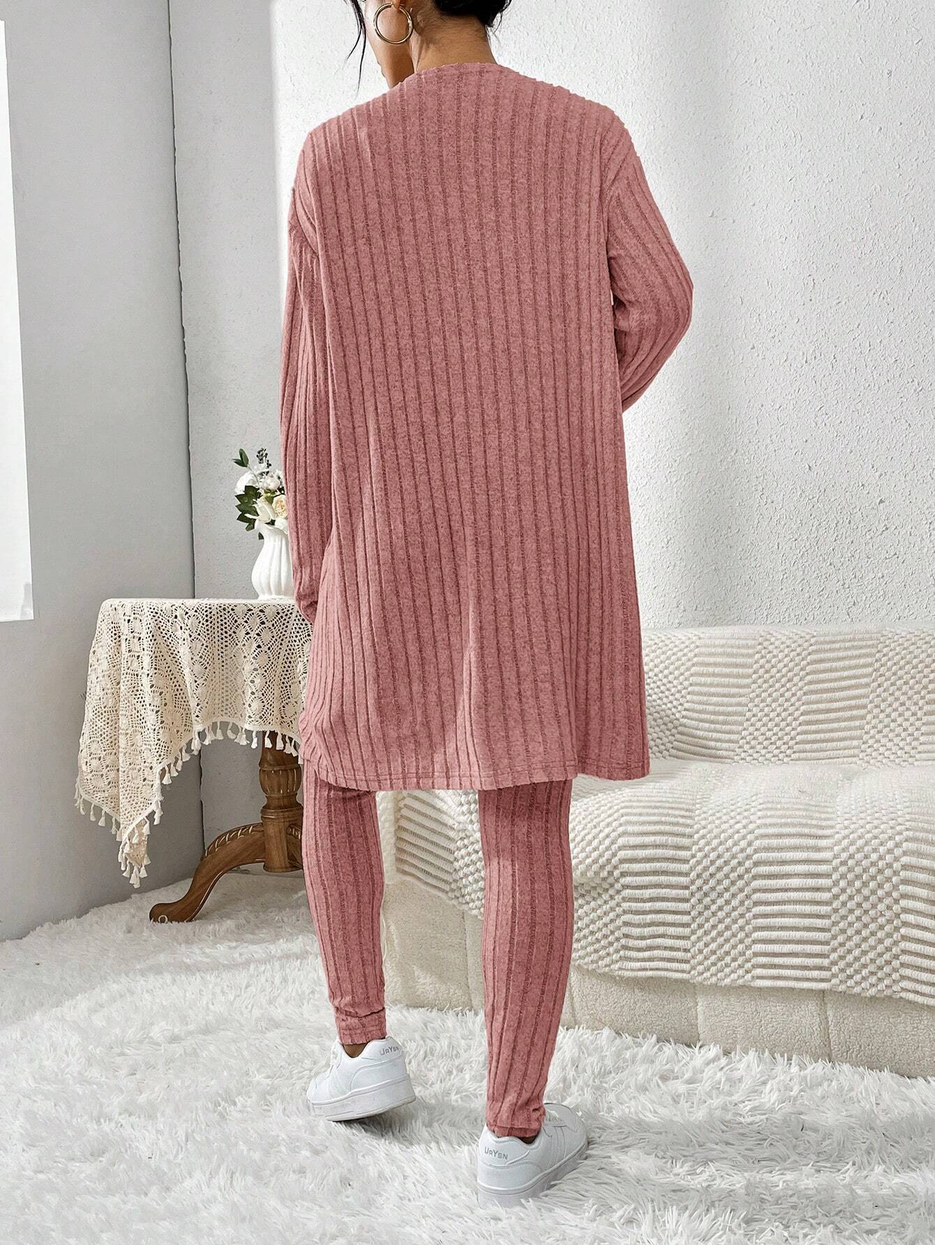Essnce Women'S Ribbed Cardigan With Long Sleeves, Camisole, Drawstring Waist Pants Set shein