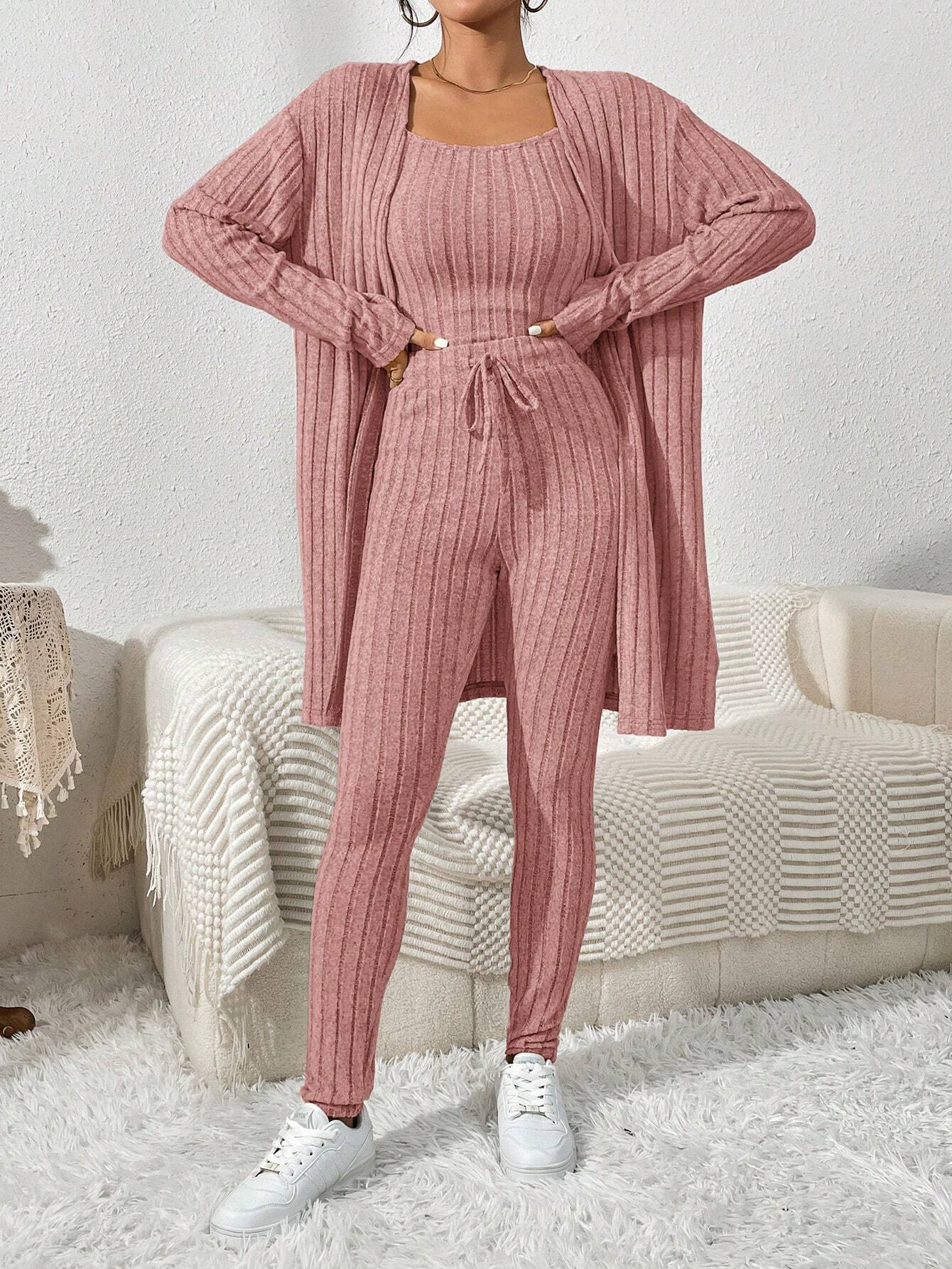 Essnce Women'S Ribbed Cardigan With Long Sleeves, Camisole, Drawstring Waist Pants Set shein