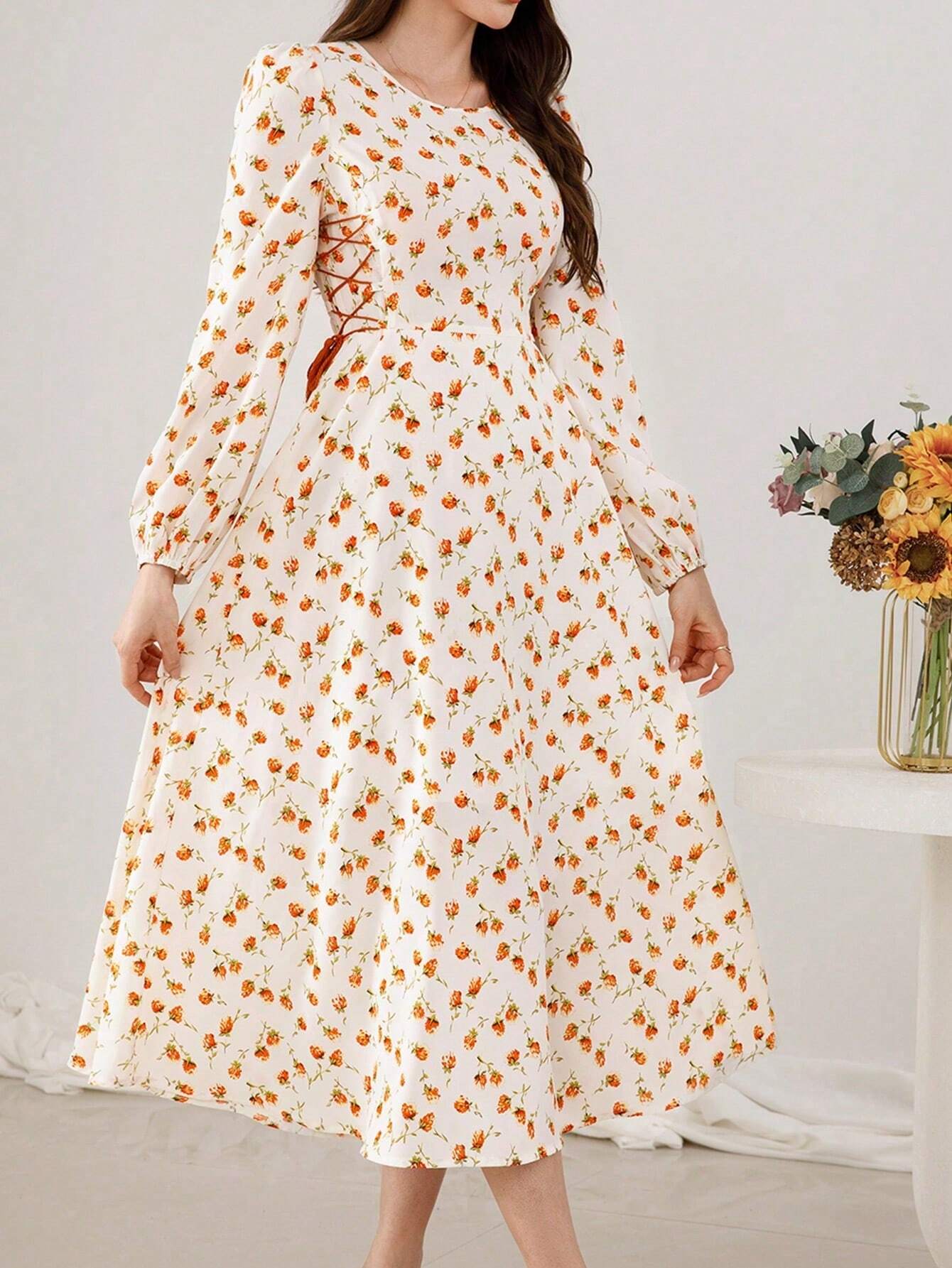Mulvari Women's Floral Printed Lantern Sleeve Dress shein