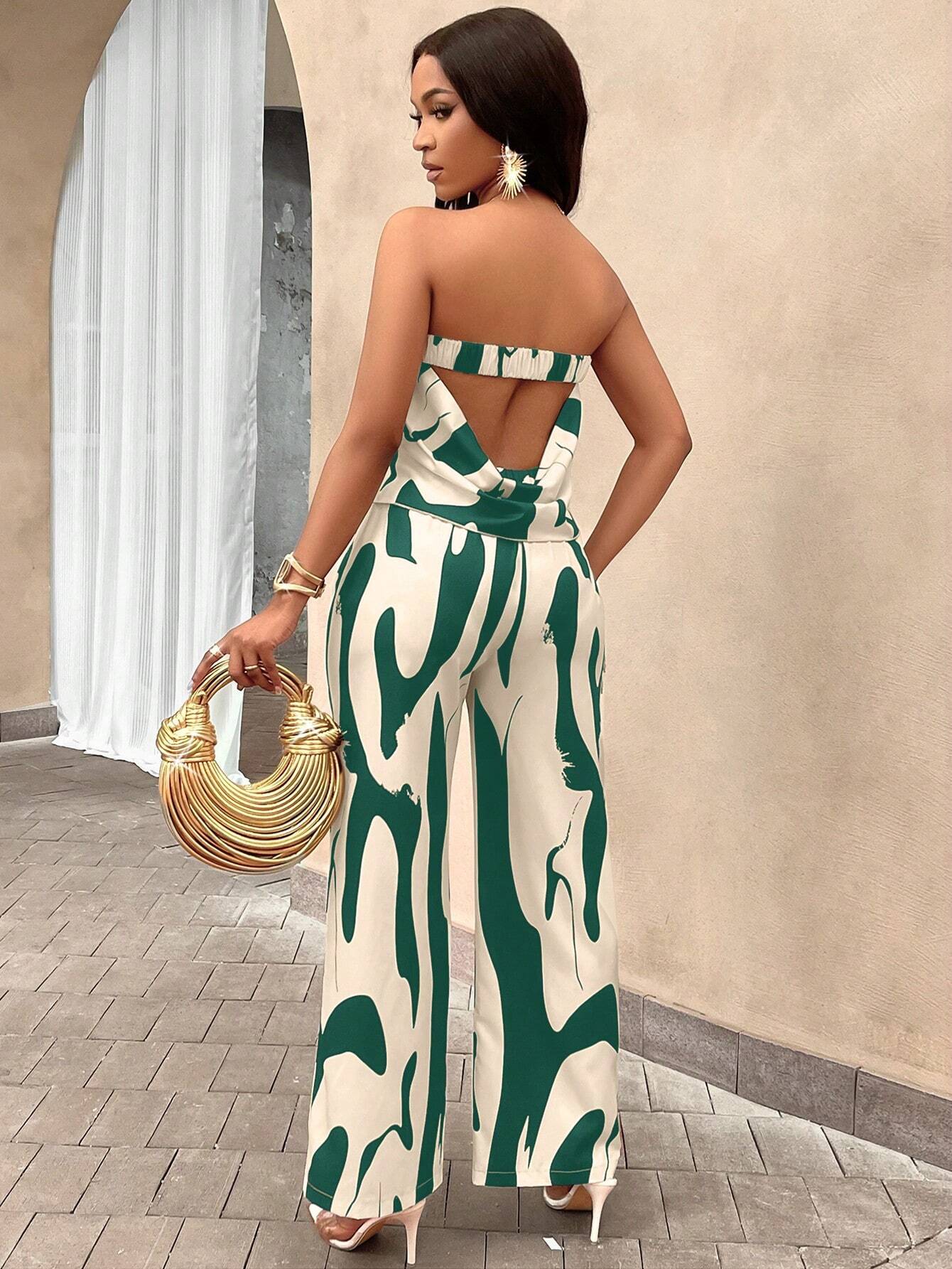 Slayr Geo Print Draped Back Tube Top & Wide Leg Pants Set shein