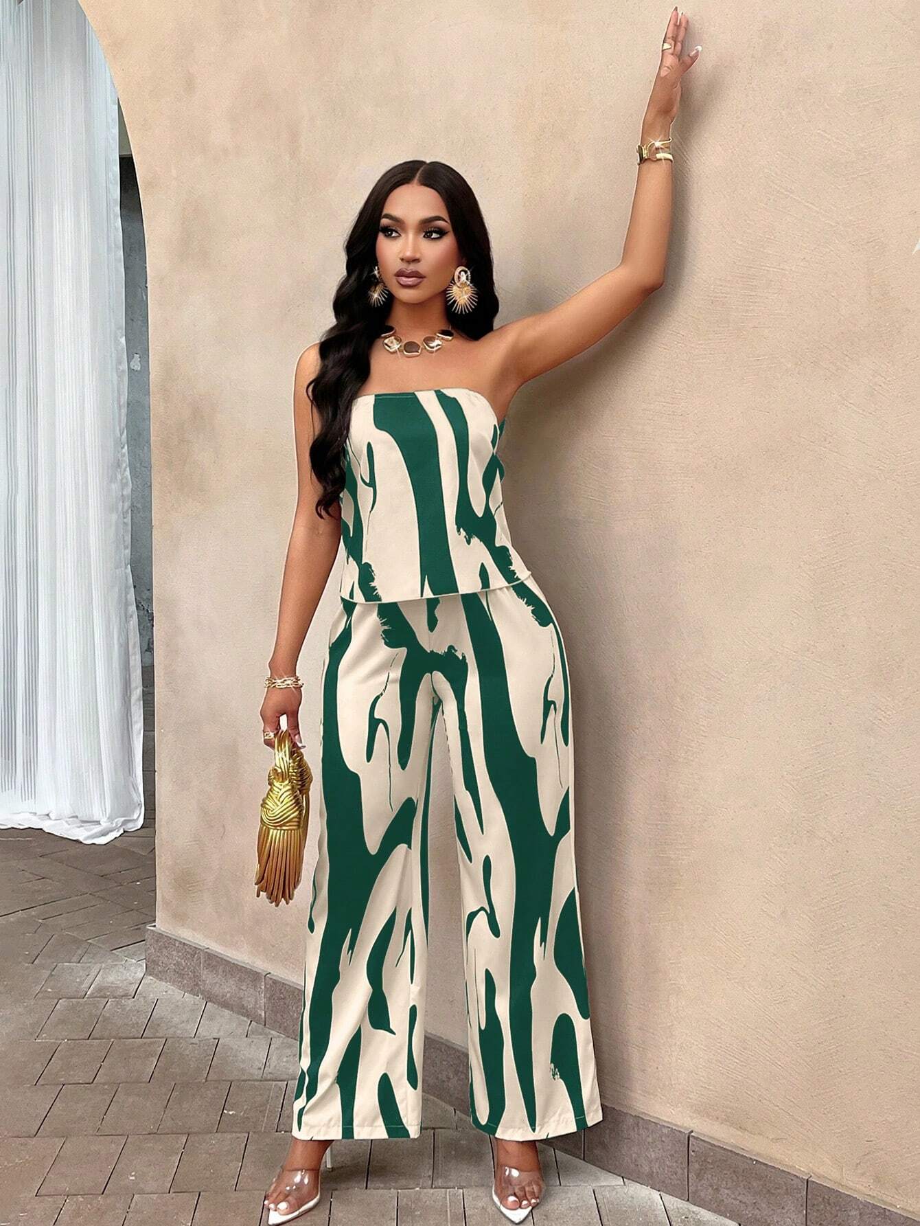 Slayr Geo Print Draped Back Tube Top & Wide Leg Pants Set shein