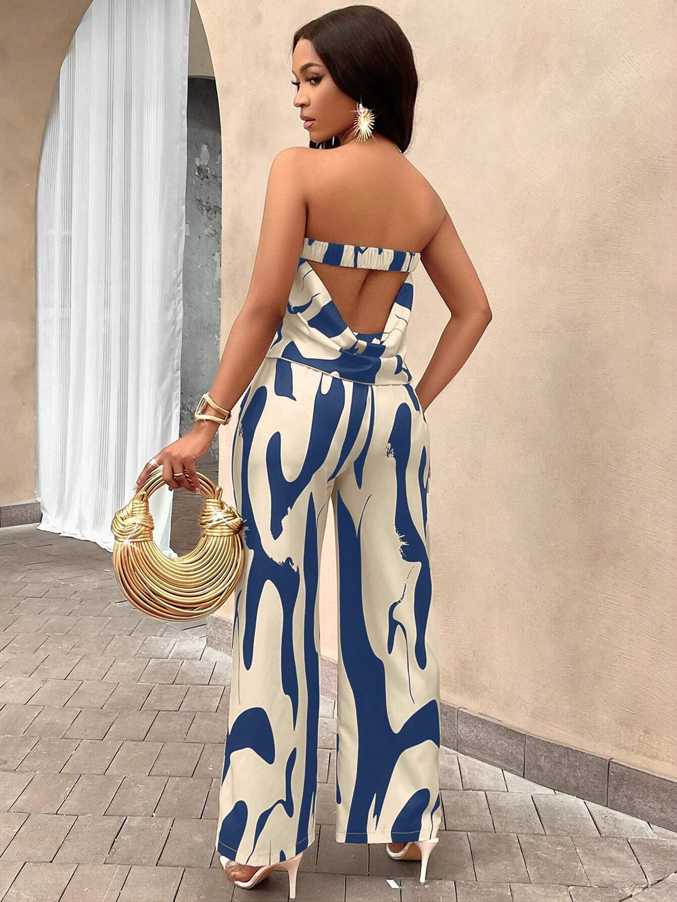 Slayr Geo Print Draped Back Tube Top & Wide Leg Pants Set shein
