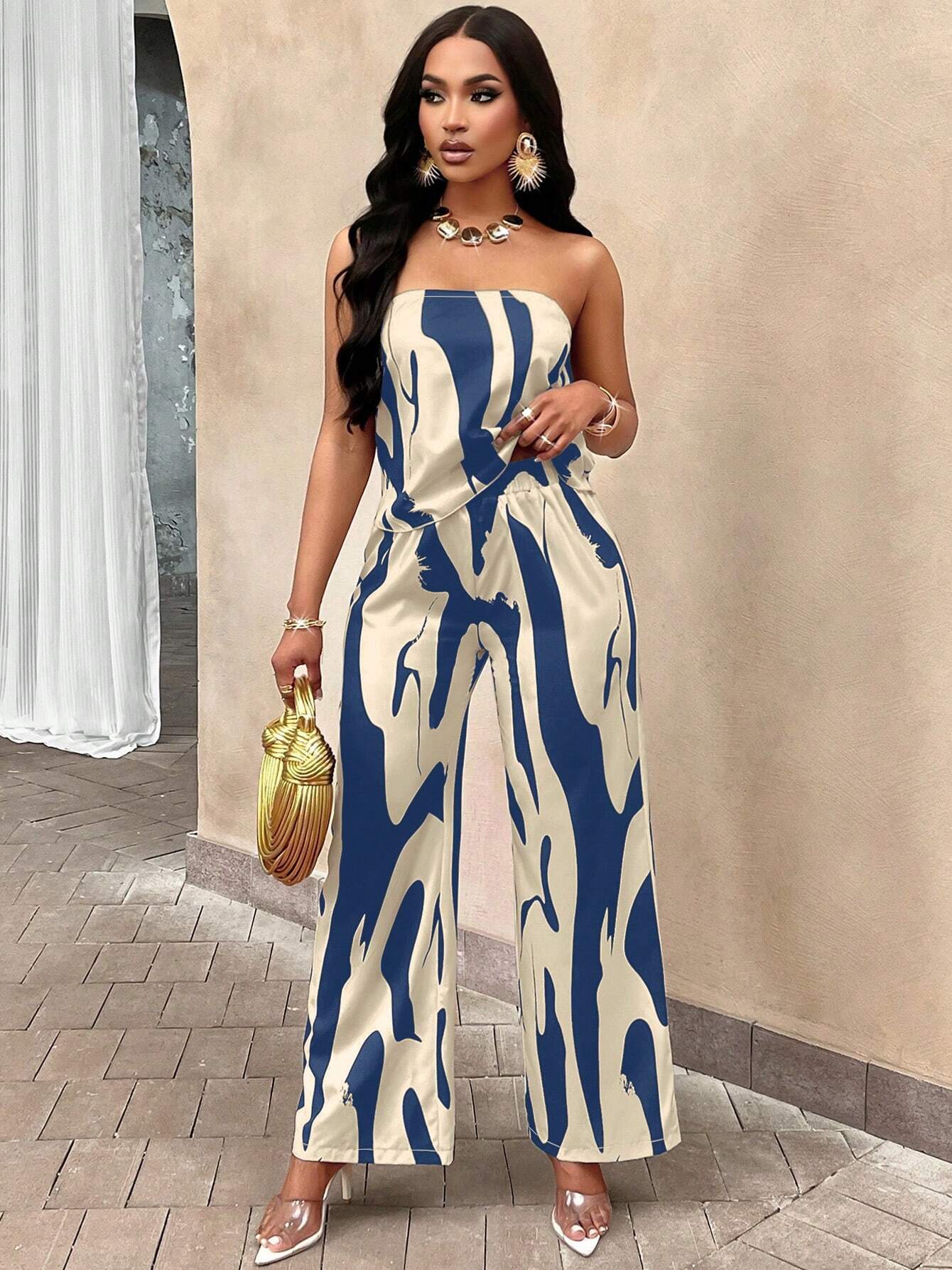 Slayr Geo Print Draped Back Tube Top & Wide Leg Pants Set shein