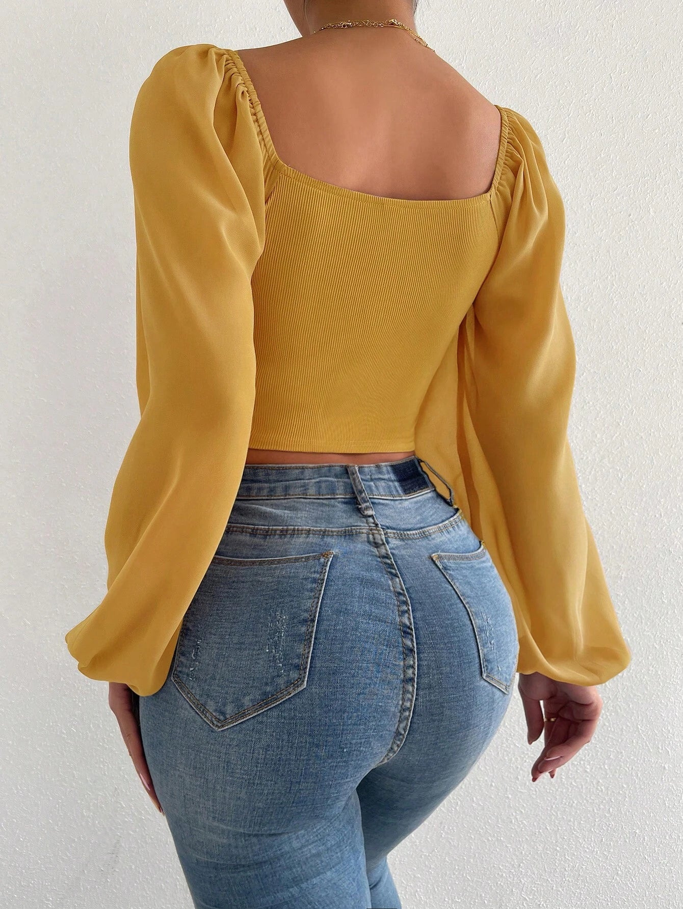 Privé Women's Solid Color Drawstring Pullover Shirt With Pleated Lantern Sleeves shein