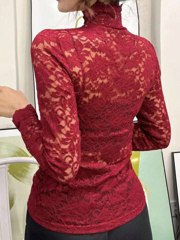 Essnce Elegant Solid Color Stand Collar Lace Top For Women shein